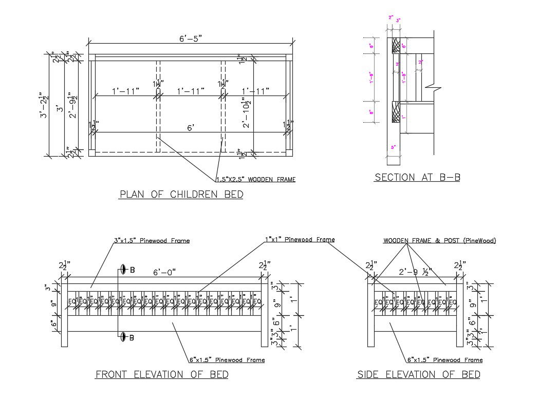 Wooden bed elevation, section and plan details dwg file