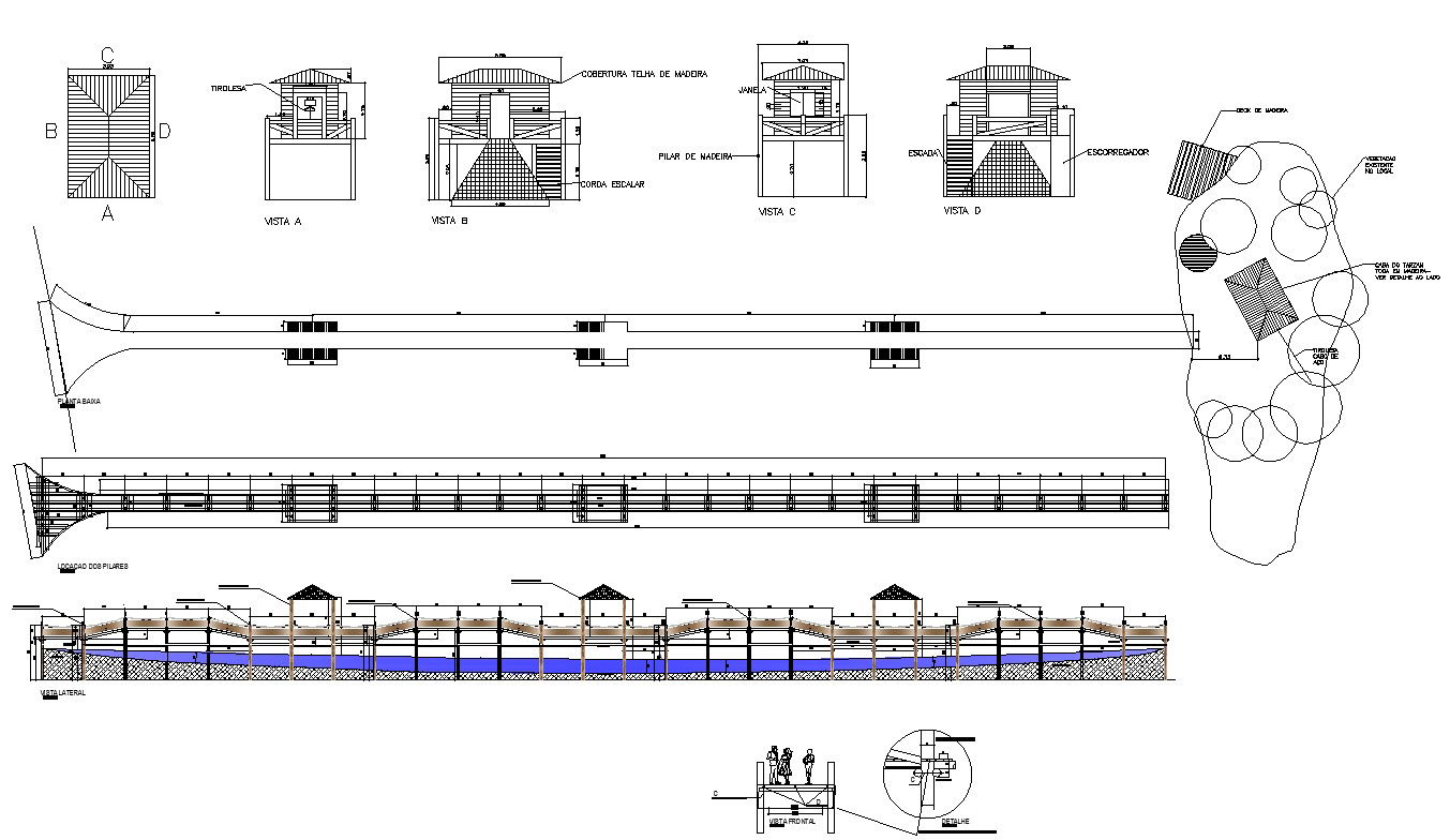 Wooden bridge structure detail plan and elevation 2d view CAD structural block autocad file