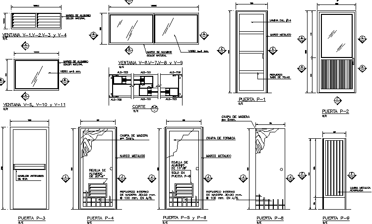 Wooden doors and aluminum windows installation details dwg file