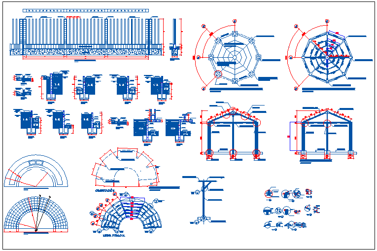 Wooden gazebo and pergola details of public garden dwg file