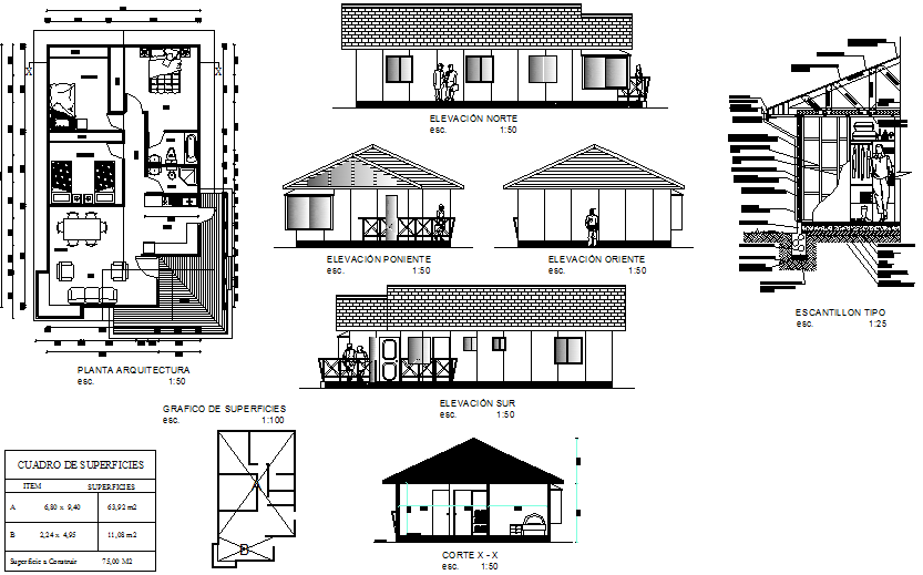 Wooden House Plan Elevation Section Detail DWG File with Dimensions