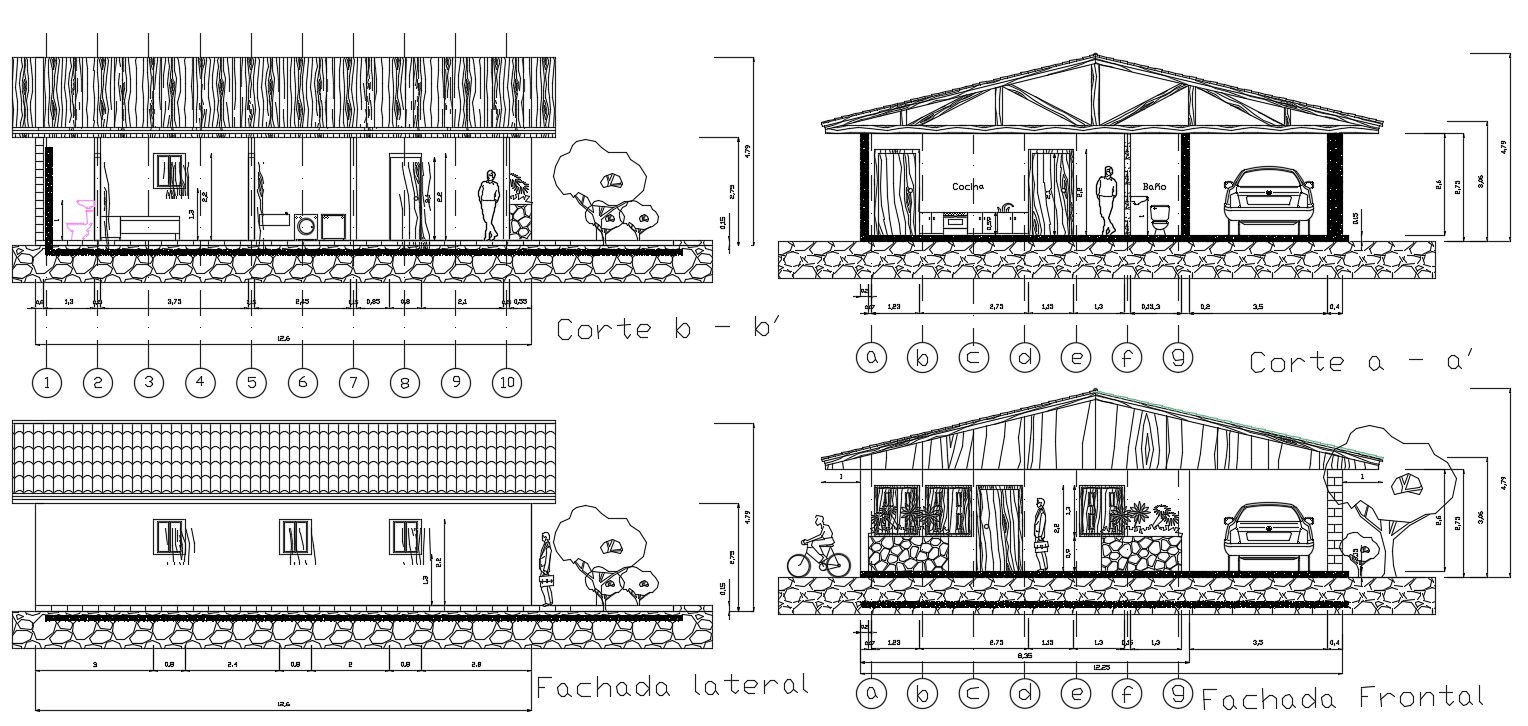 Wooden house with elevation and section details in autocad