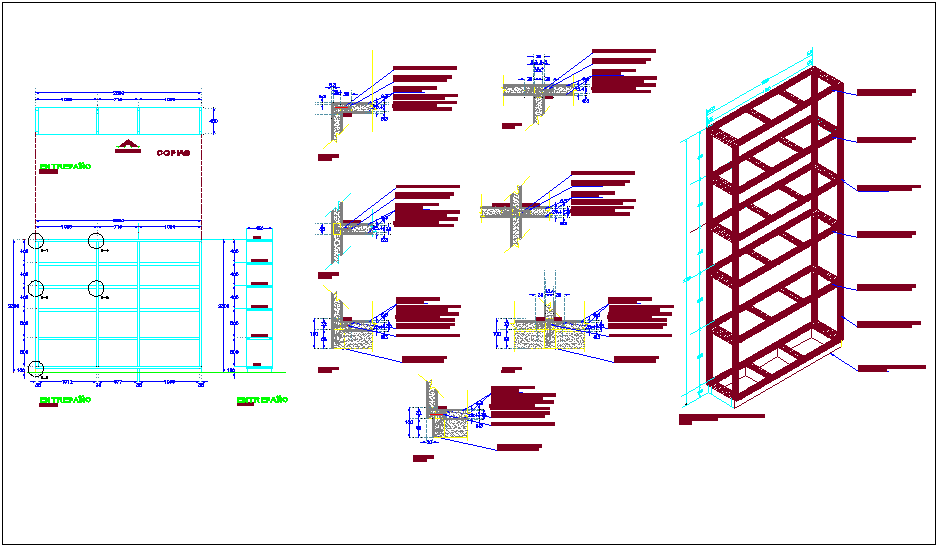 Wooden panel design with detail view and isometric view dwg file