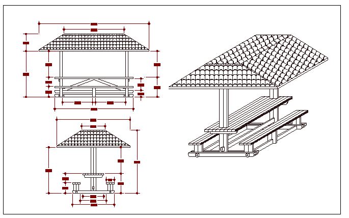 Wooden pergola elevation and sectional details dwg file