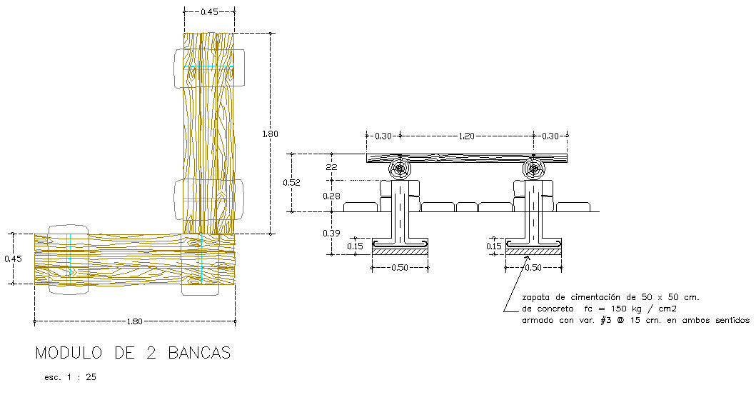 Wooden Plan DWG File with Footing and Section Detail