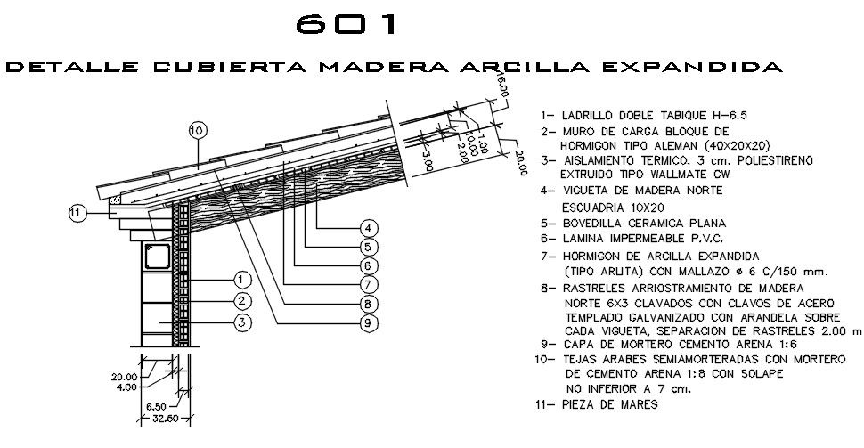 Wooden roof with expanded clay with tiles over wall of blocks-insulating
