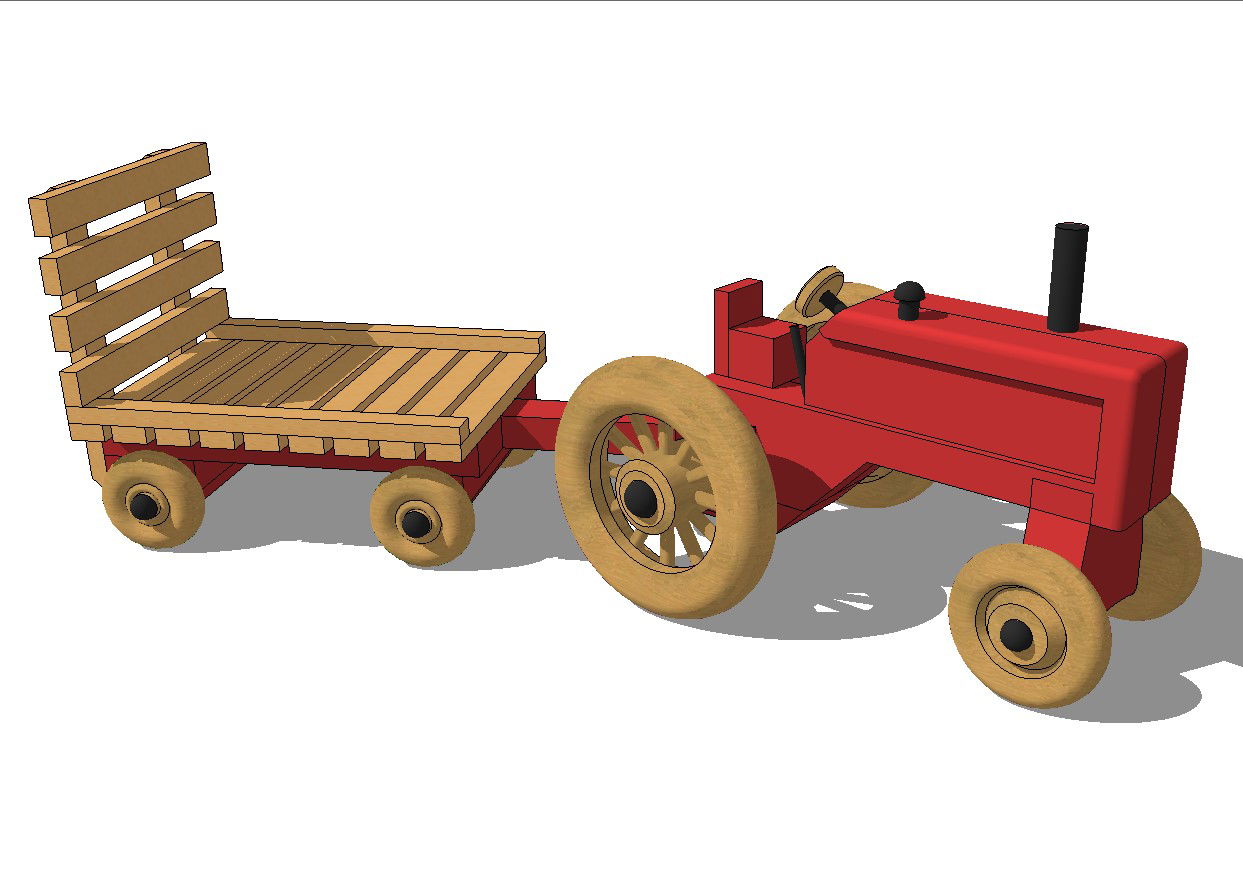Wooden toy tractor 3d side elevation cad block details skp file