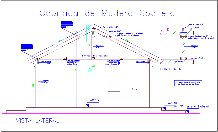 Wooden truss design with dimension and detail view dwg file