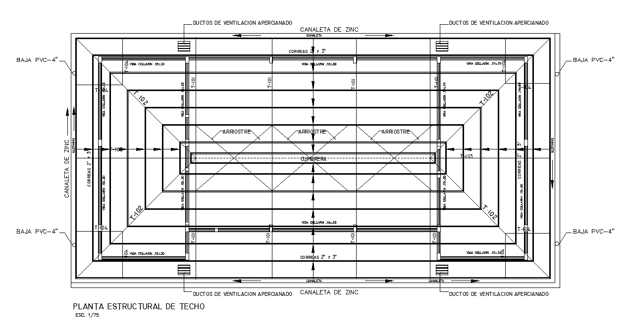 Wooden Span Roof Top View CAD Drawing Download DWG File