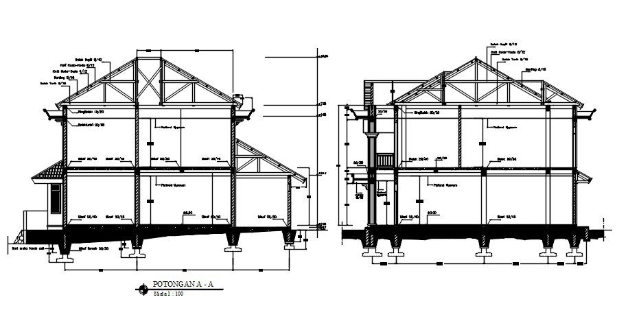 Wooden Truss Span Roof Building Section Drawing DWG File