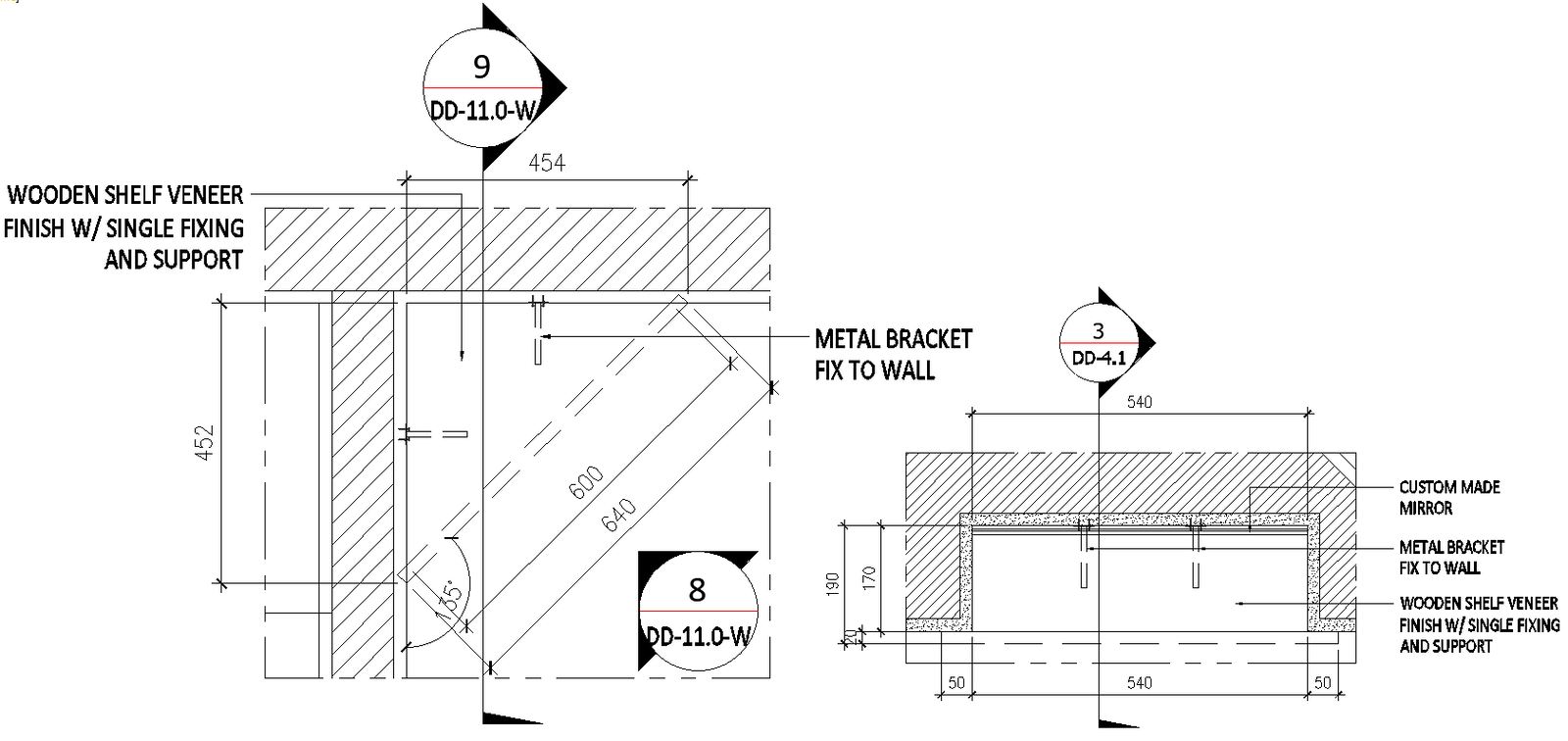Wooden shelf veneer finish details with single fixing and support details dwg autocad drawing 