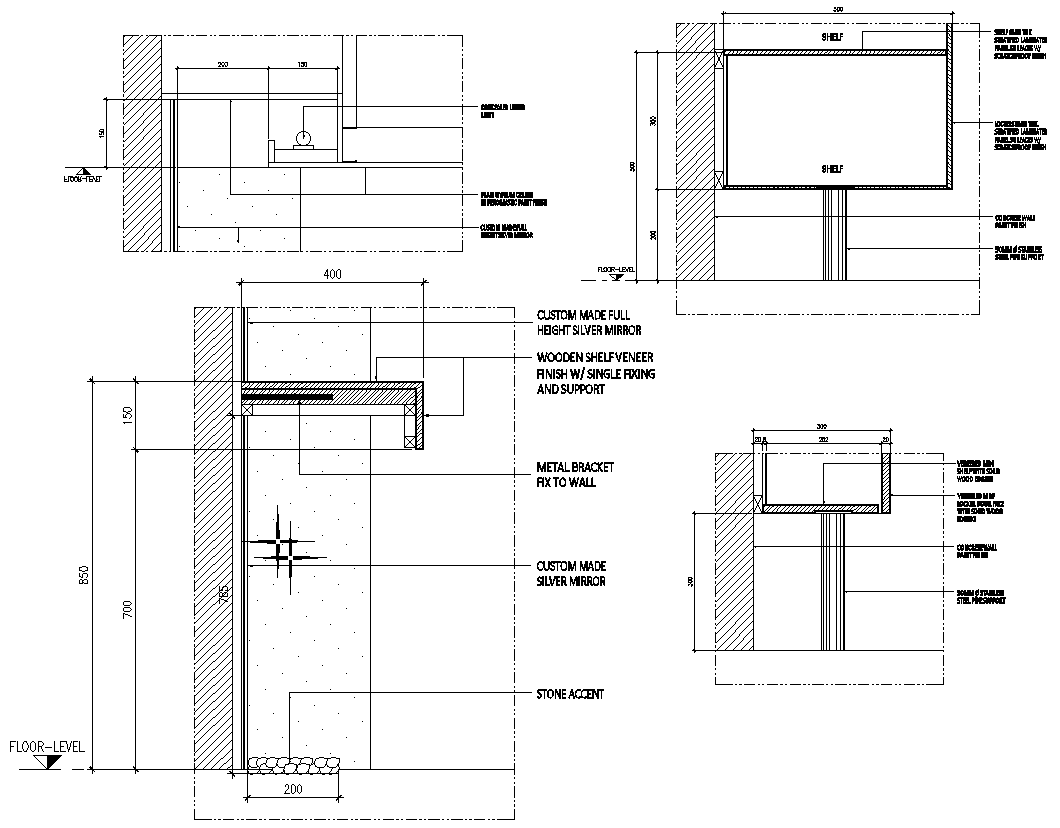 Wooden shelf veneer finishes with single fixing and supports dwg autocad drawing .