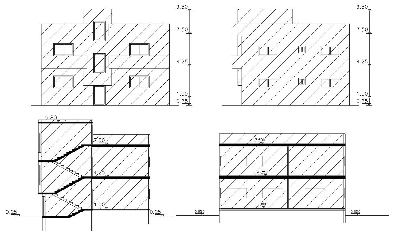 Working Drawing Bungalow elevation and section CAD File
