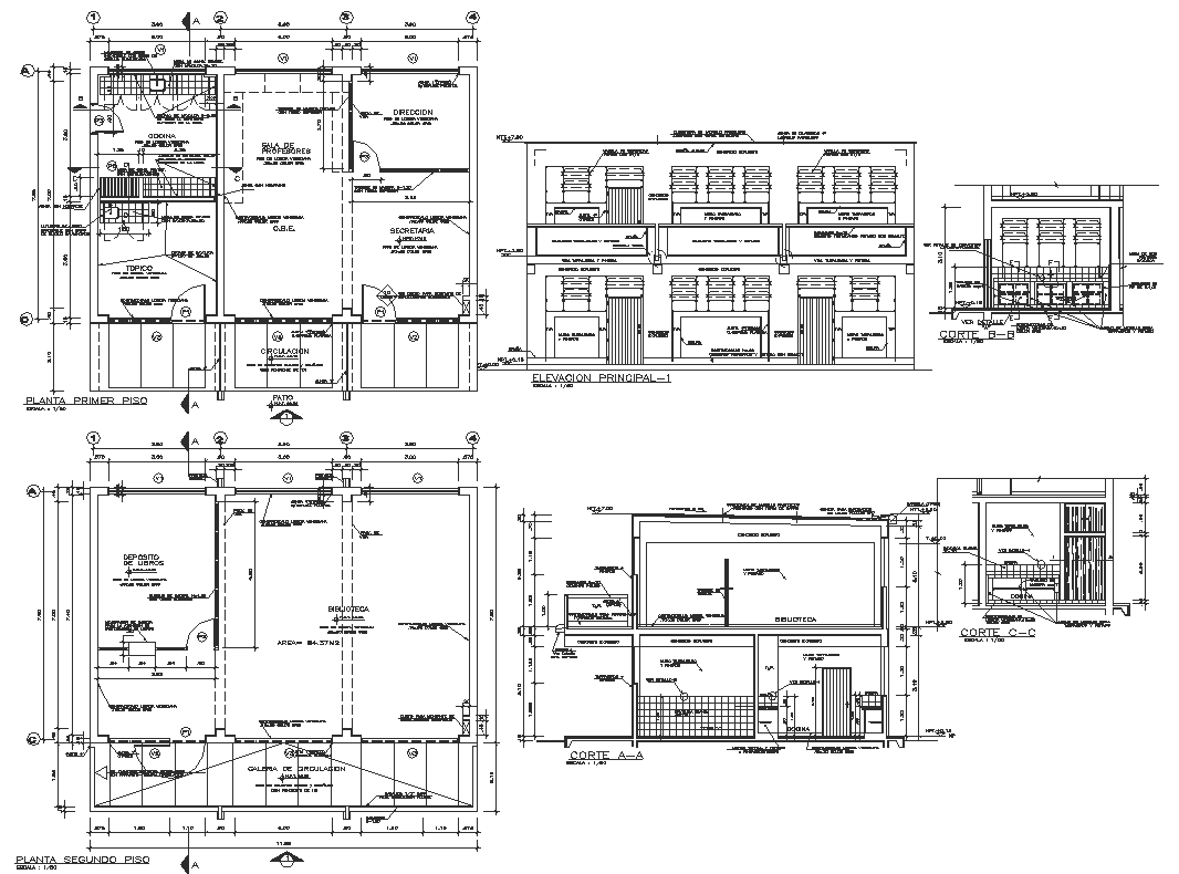 Working building plan, elevation and section detail dwg file