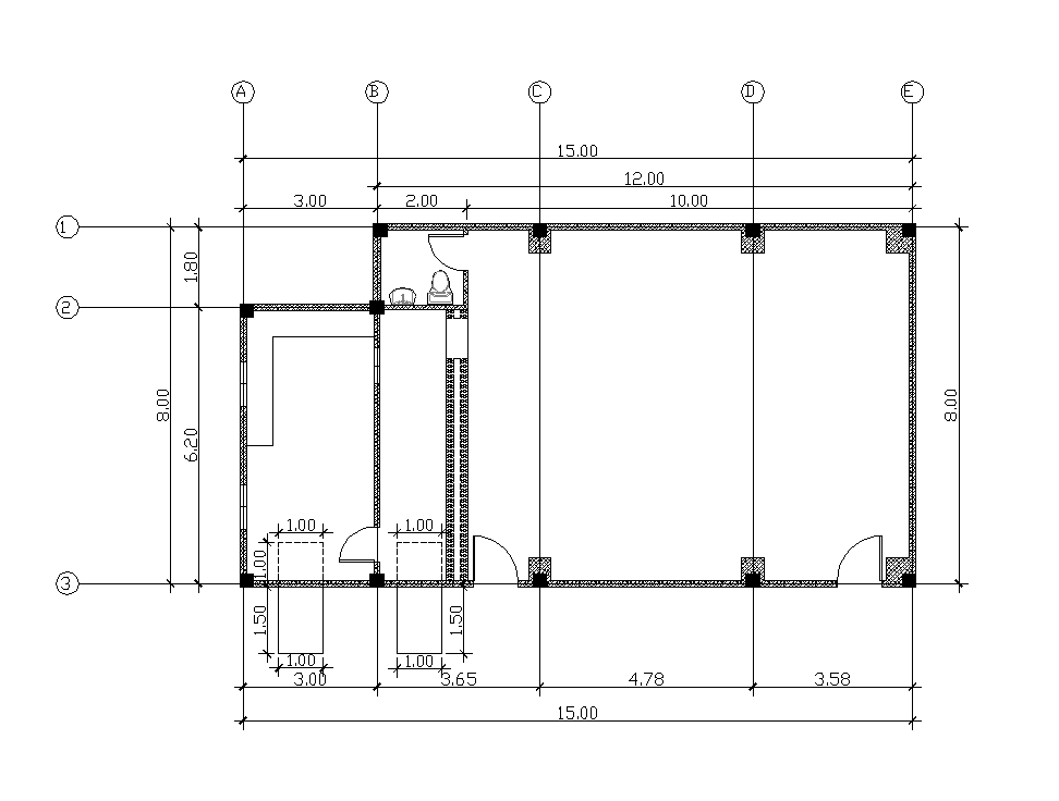 Working plan of the Commercial hall building 2d view layout file