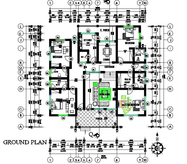 Working House Center Line Plan With Furniture Layout AutoCAD Drawing DWG File