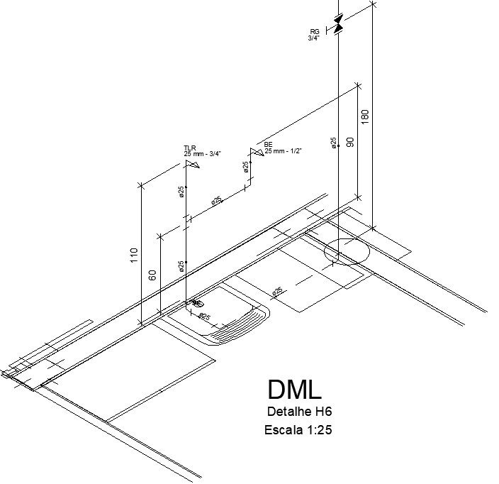 Working drawing of a bathroom piping in AutoCAD, dwg file.
