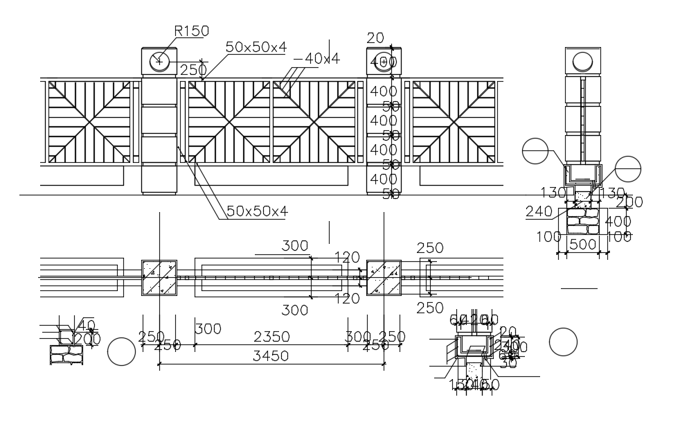 Wrought iron fence view with fence and railing view dwg file