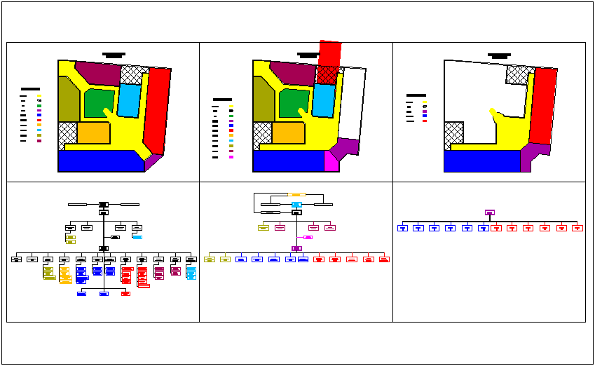 Zoning of municipal building floor plan by color code dwg file