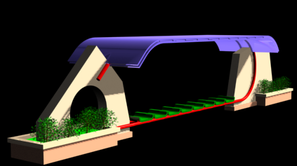 3D Bus Stand CAD Drawing with Rendered View and Design Layout