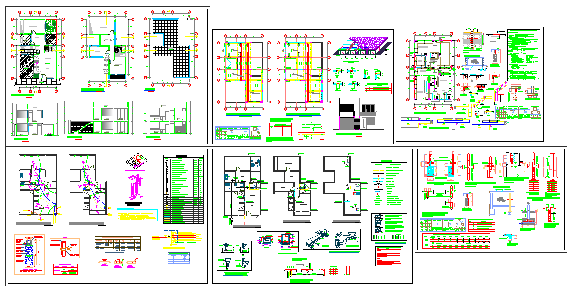Single family house DWG with floor layouts sections and elevations