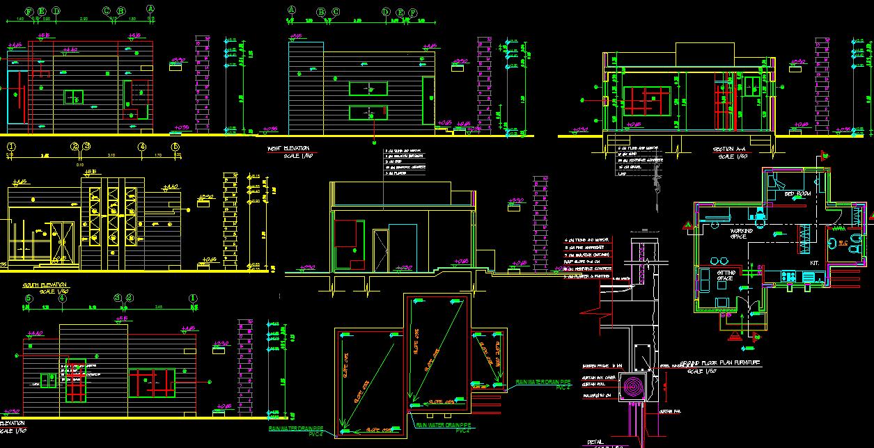House Project AutoCAD Plan with Floor Sections and Elevation DWG file