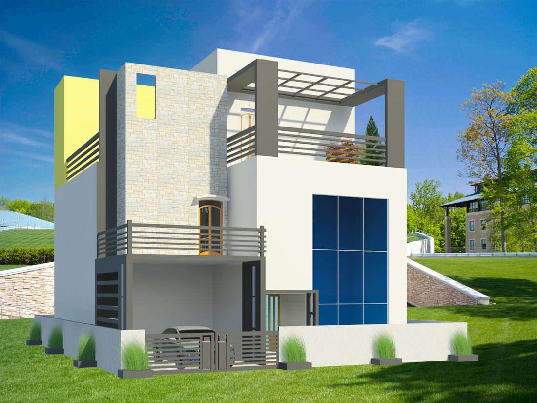 Contemporary 3D House AutoCAD Drawing with Glass Brick Elevation