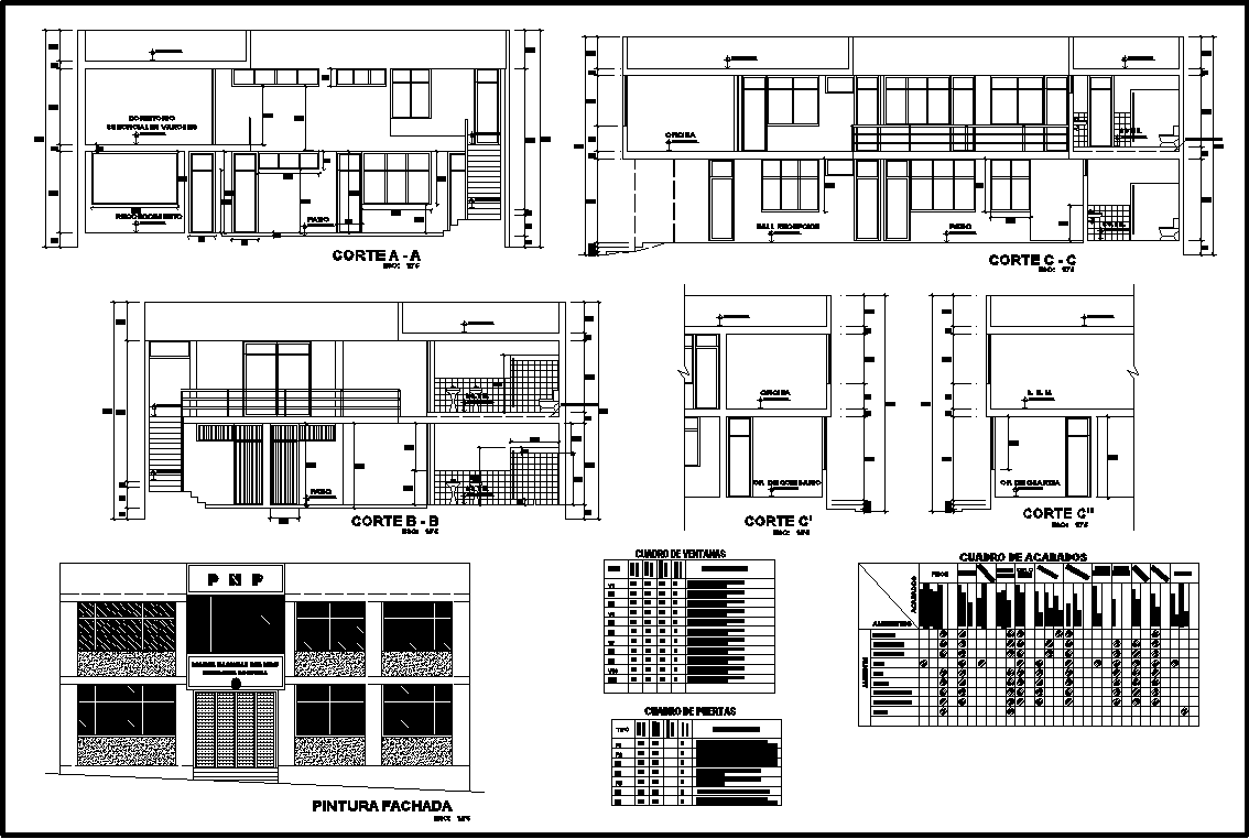 Police Station Design with Detailed Sections and Facade Plan
