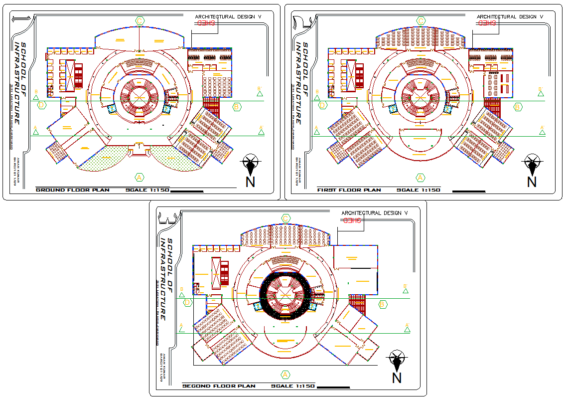 School Infrastructure DWG with Circular Multi Floor Building Plans
