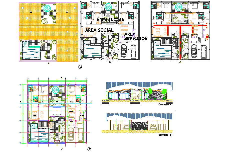 Bungalows Design DWG with Floor Plan Elevation and Section Layout
