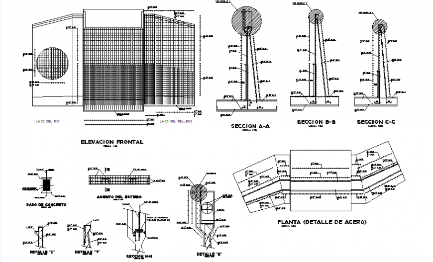 A Detail Plan and section retaining wall dwg file