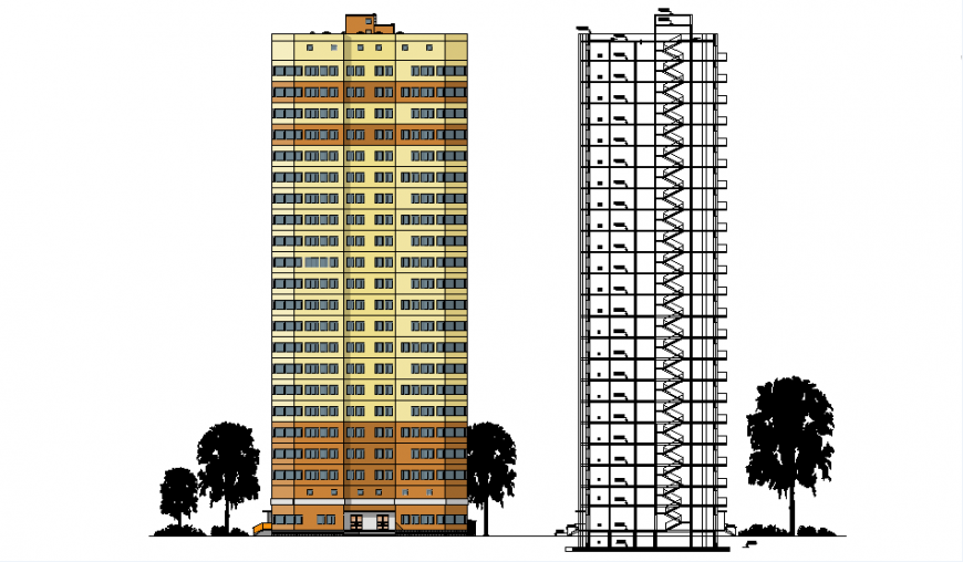 A Elevation and section apartment flat plan dwg file