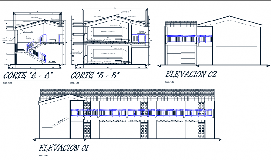 A Elevation and section commercial building plan autocad file