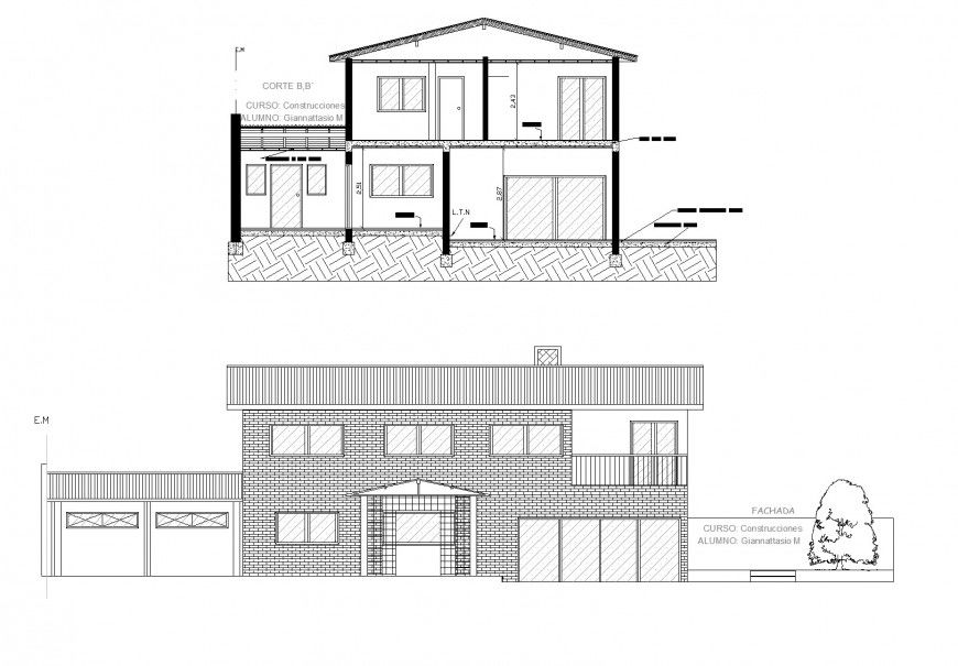 A Elevation and section house plan autocad file