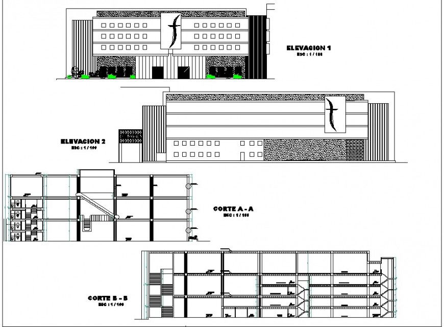 A Elevation and section shopping mall layout file