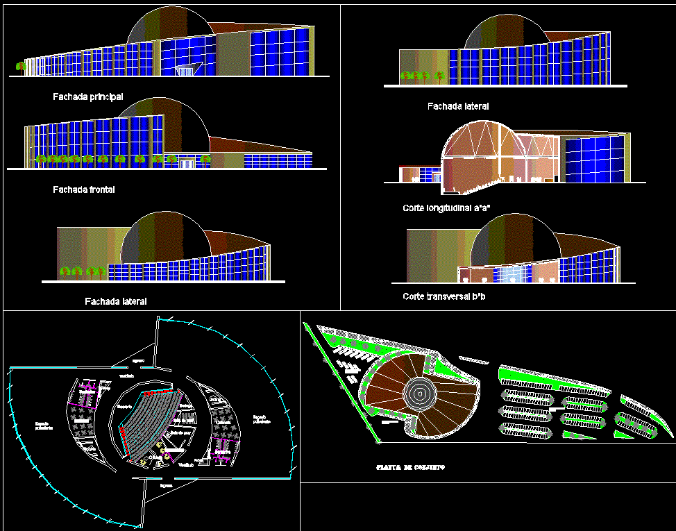 Auditorium AutoCAD DWG Drawing with Site Plan and Elevation Views