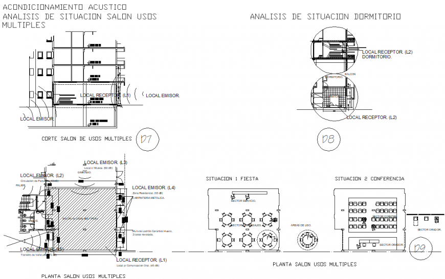 Acoustic conditioning situation analysis salon multiples plan, elevation and section detail dwg file
