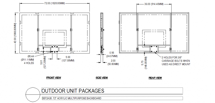 Acrylic multipurpose backboard design for sports area front and side view dwg file