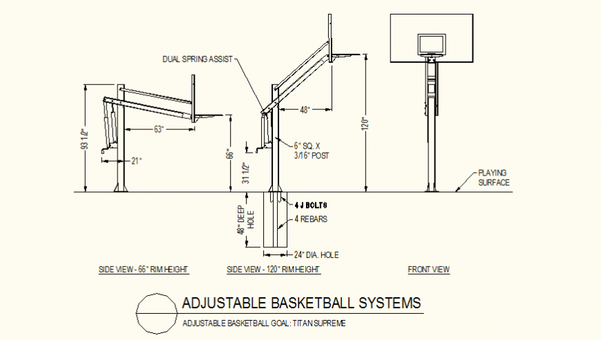Adjustable basket ball court goal detail layout file