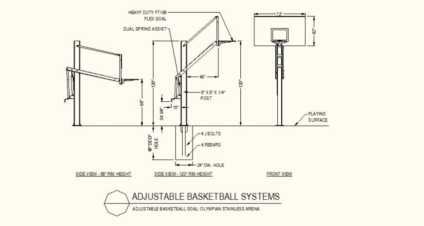 Adjustable basket goal detail plan and elevation autocad file