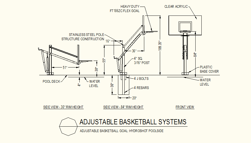 Adjustable basketball goal pool-side detail dwg file