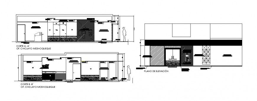 Admin building main elevation and section details dwg file