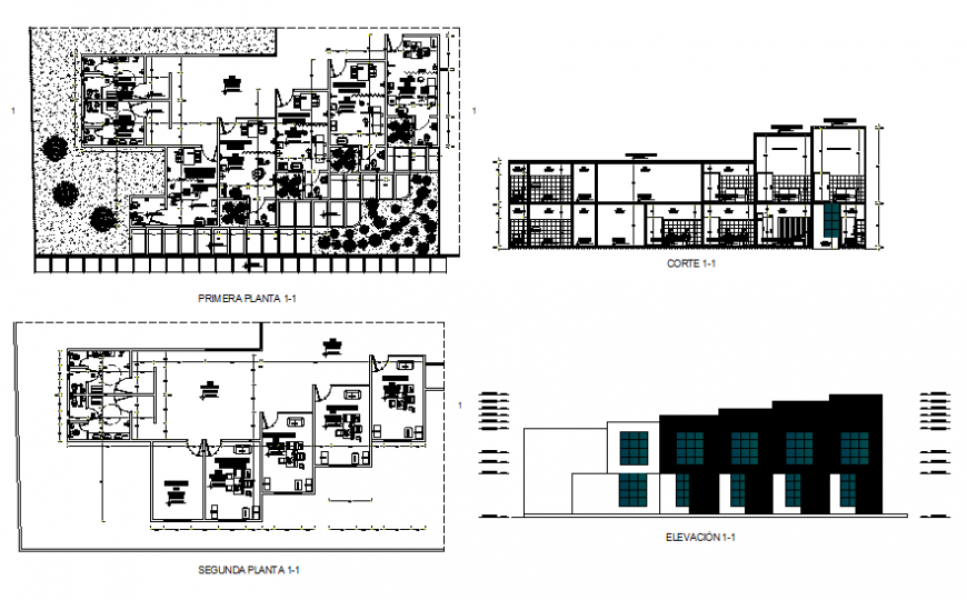 Admin office elevation, section, first floor and second floor layout plan details dwg file