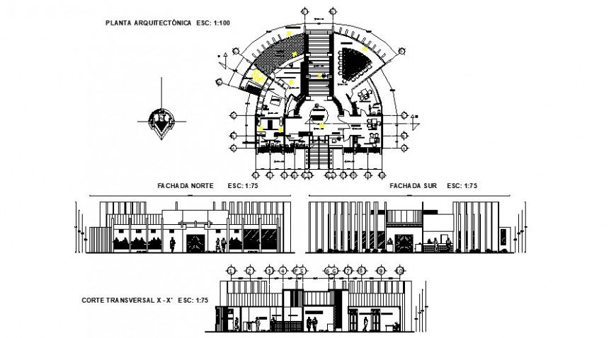 Admin office elevation, section and floor plan cad drawing details dwg file