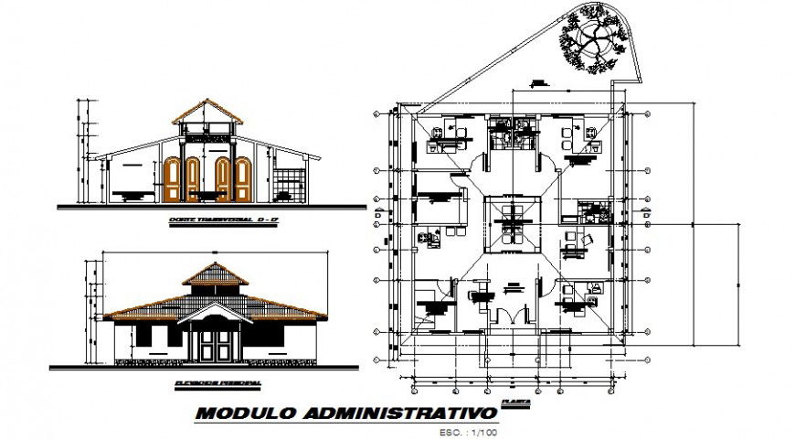 Administration area plan, elevation and section view in auto cad file