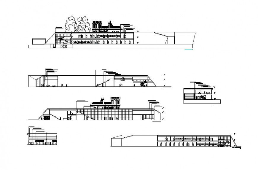 Administration building all sided section cad drawing details dwg file