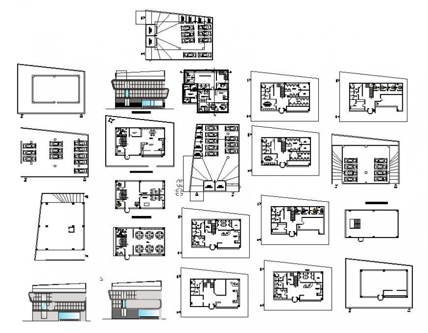 Administration building elevation, section and floor plan details dwg file