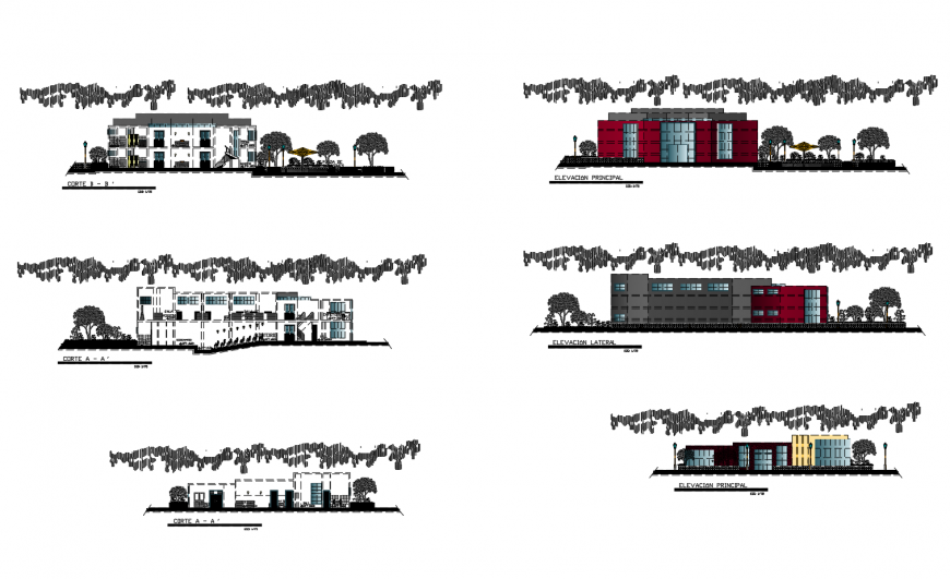 Administration office building all sided elevation and section drawing details dwg file