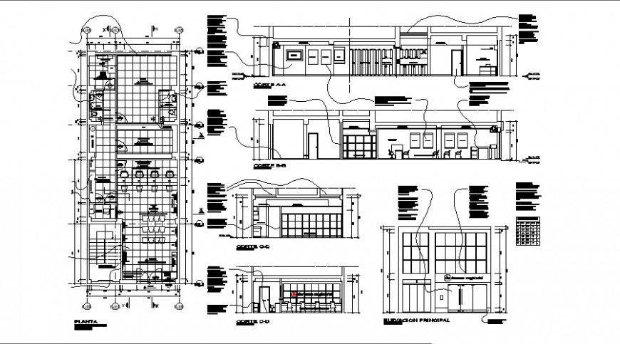 Administration office building elevation, section and floor plan details dwg file