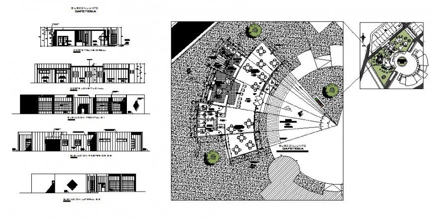 Administrative building elevation, section and plan details dwg file